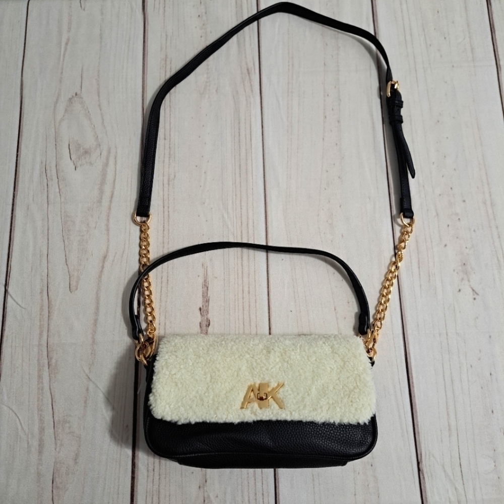 Anne Klein Faux Sherpa Faux Leather Convertible Crossbody Handbag Purse